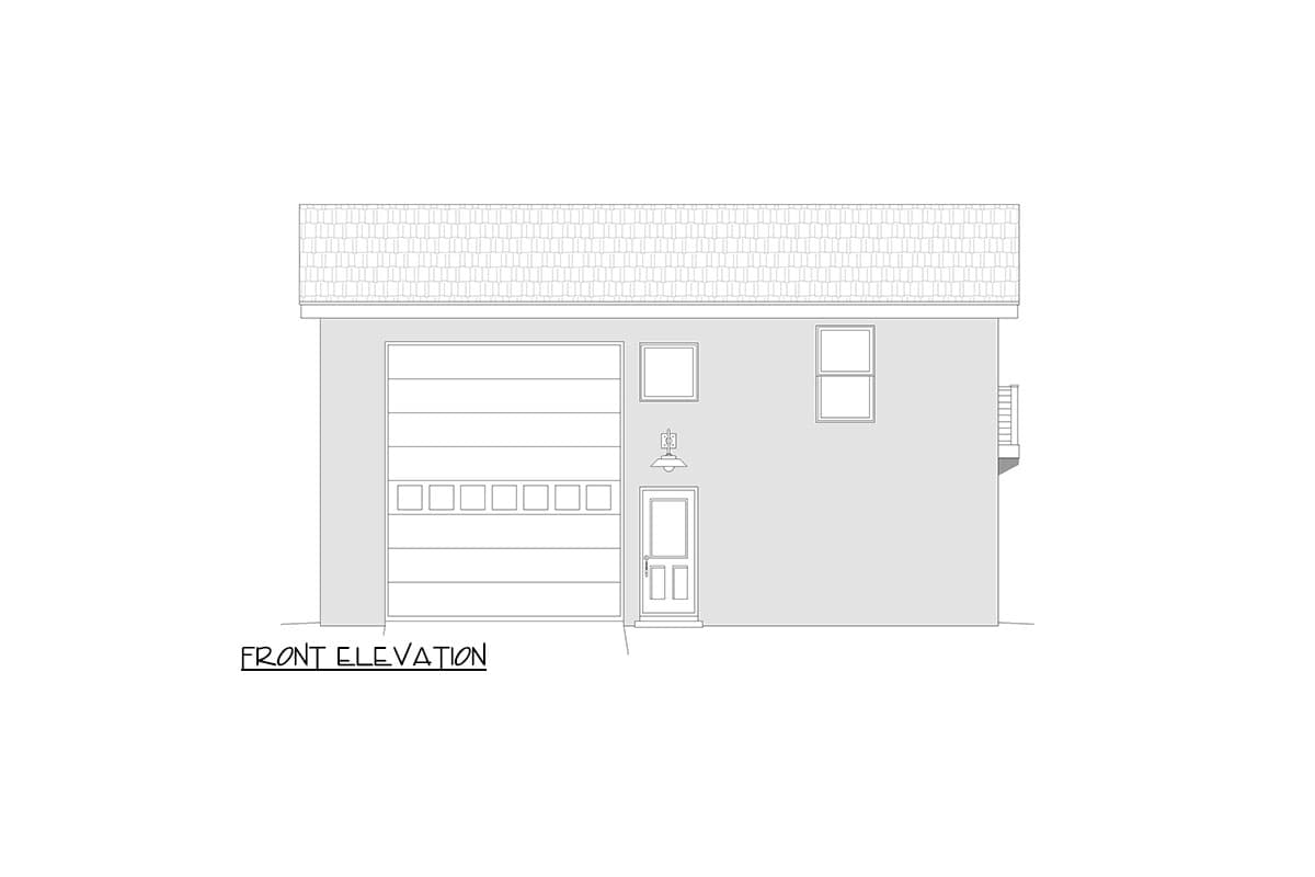 Front elevation drawing shows a house with a large garage door, a pedestrian door, two windows, and a pitched roof.