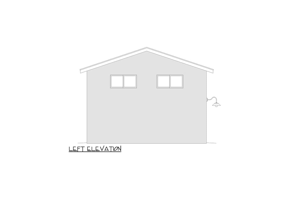 Left elevation drawing of a single-story structure with a gable roof, two square windows, and an exterior light fixture.