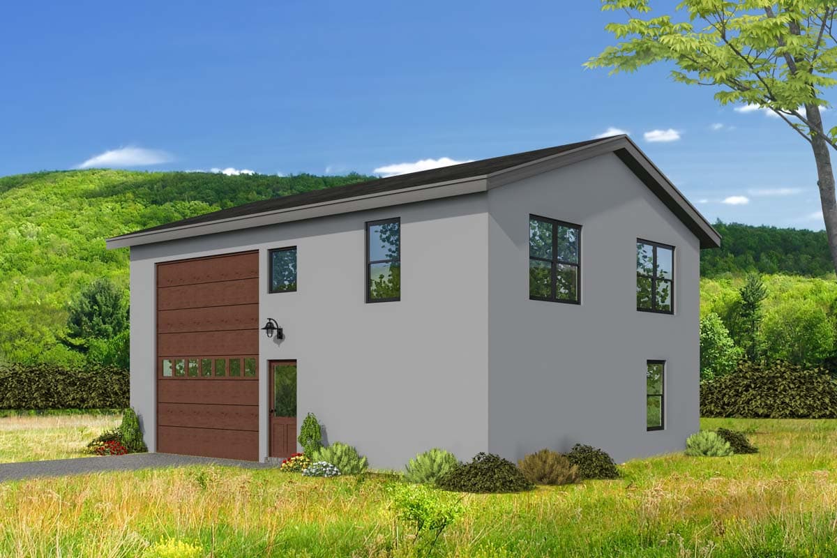 House plan exterior. Two-story structure with a gabled roof. Features include a garage door, small entry door, and multiple windows.