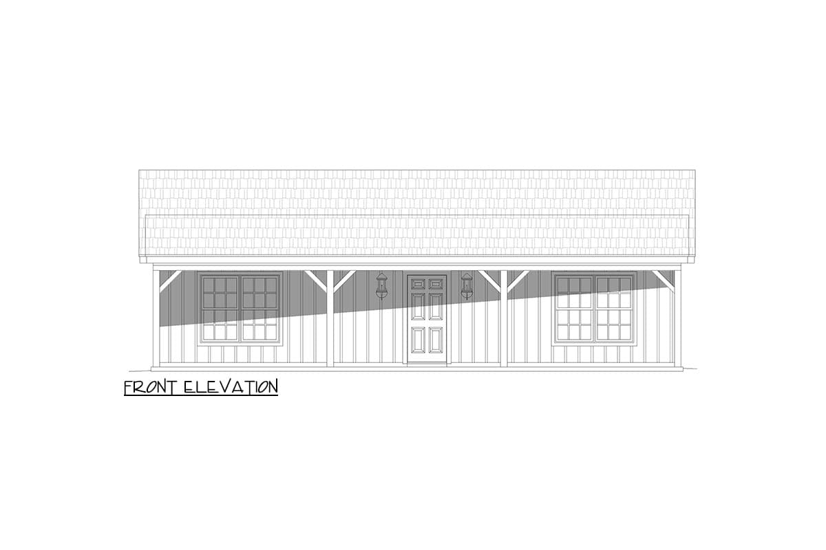 Front elevation of a house plan showing a covered porch with double doors, flanked by two windows, and supported by decorative brackets.