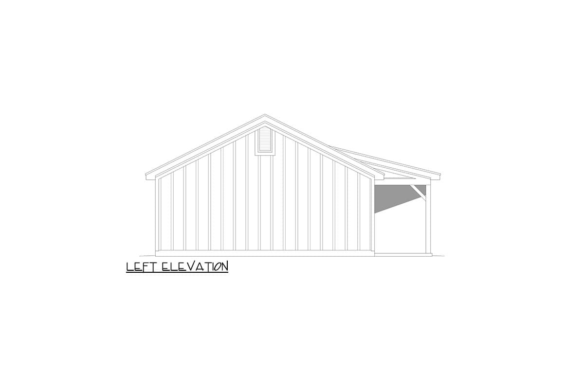 Left elevation drawing of a house plan showing vertical siding, gable roof, and a covered porch.