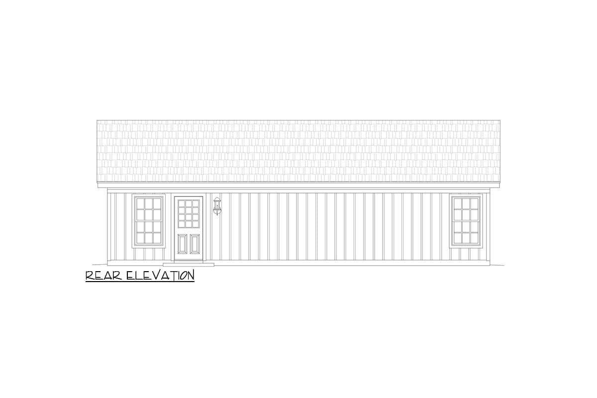 Rear elevation drawing of a house plan showing a door, two windows, and vertical siding.