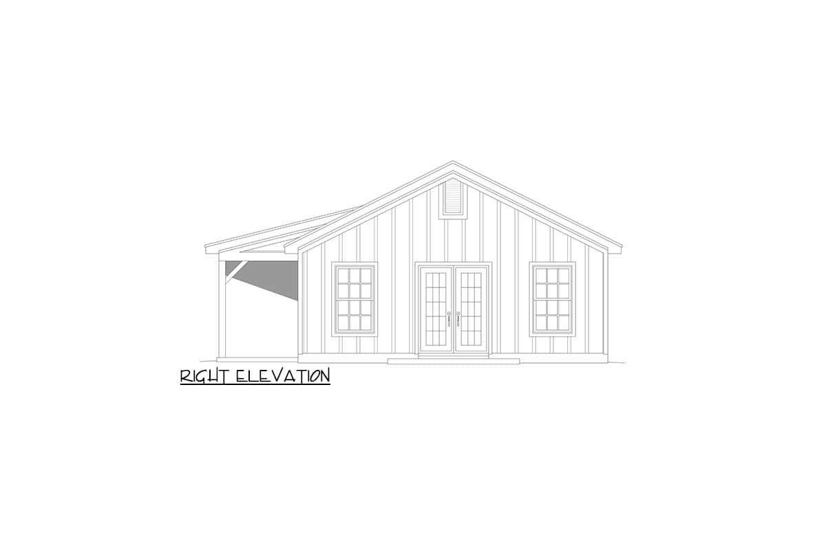 Right elevation house plan of a single-story home with a gable roof, two windows, double doors, and an attached covered porch.