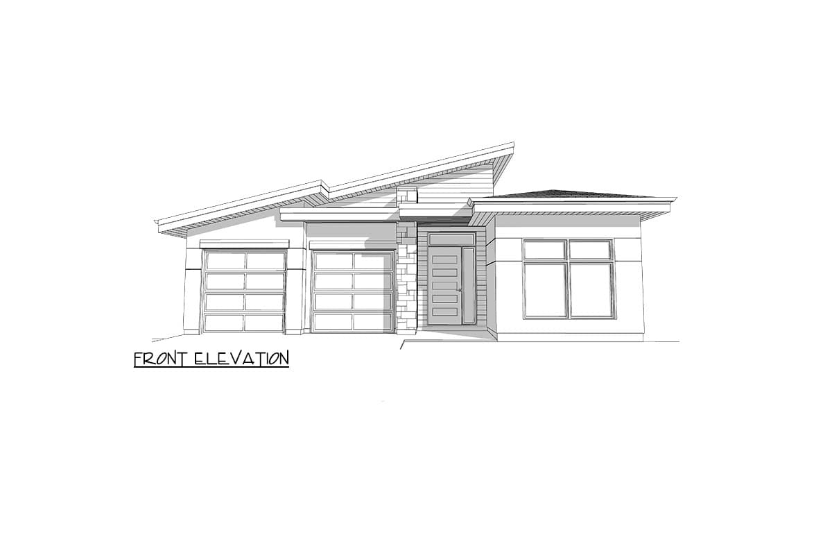Front elevation drawing of a modern ranch house with a two-car garage, angled rooflines, and large windows.