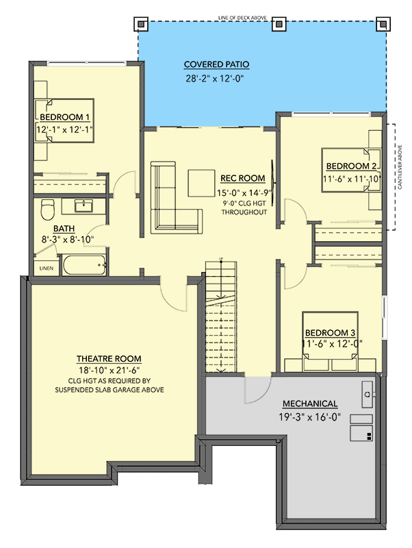 Plan 144103UPR: Modern 4 Bed House Plan for a Rear Sloping Lot - 3138 Sq Ft - Floor Plan - Lower Level - Contemporary, Modern, Modern Farmhouse, Mountain