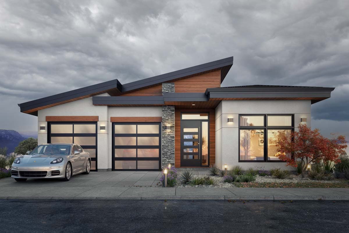 House plan exterior with modern design. Features include a single story, flat roof with wood accents, glass garage doors, and stone facade.
