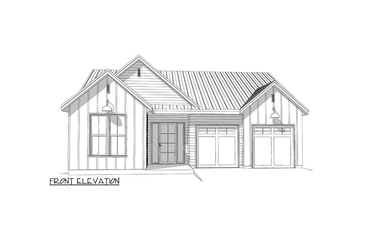 Front elevation house plan. Modern farmhouse style with gables, board and batten siding, metal roof, and a two-car garage.