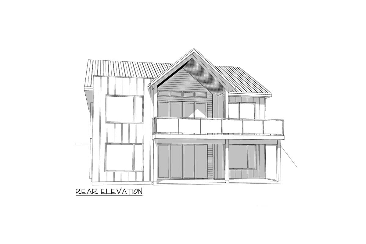 Rear elevation of a two-story house plan with a gable roof, balconies, and large windows.