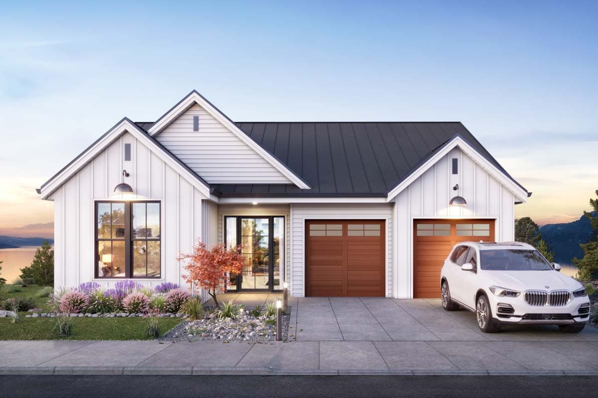 Modern Farmhouse house plan exterior with a gabled roof, two-car garage, and board-and-batten siding. Features large windows and exterior lighting.