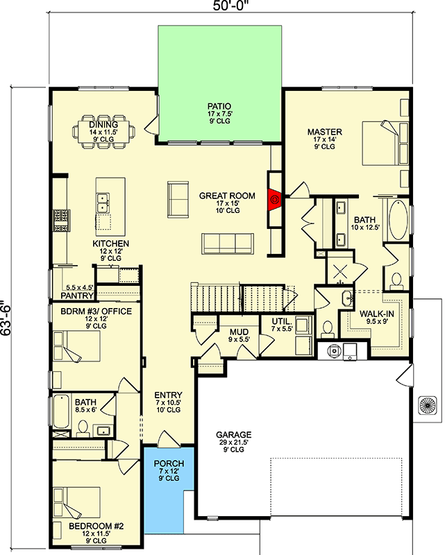 Plan 580063DFT: Modern House Plan with Flex and Bonus Rooms - 2591 Sq Ft - Floor Plan - Main Level - Contemporary, Mid Century Modern, Modern, New American