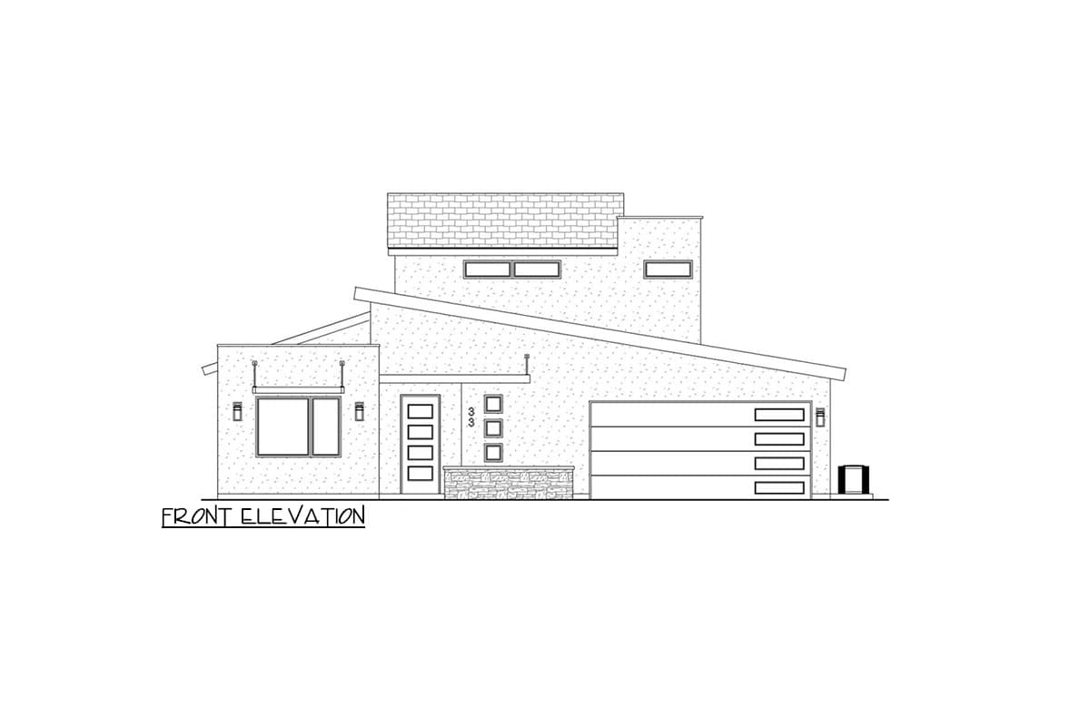 Front elevation of a two-story house plan with a sloped roof, multiple windows, and a five-panel garage door.