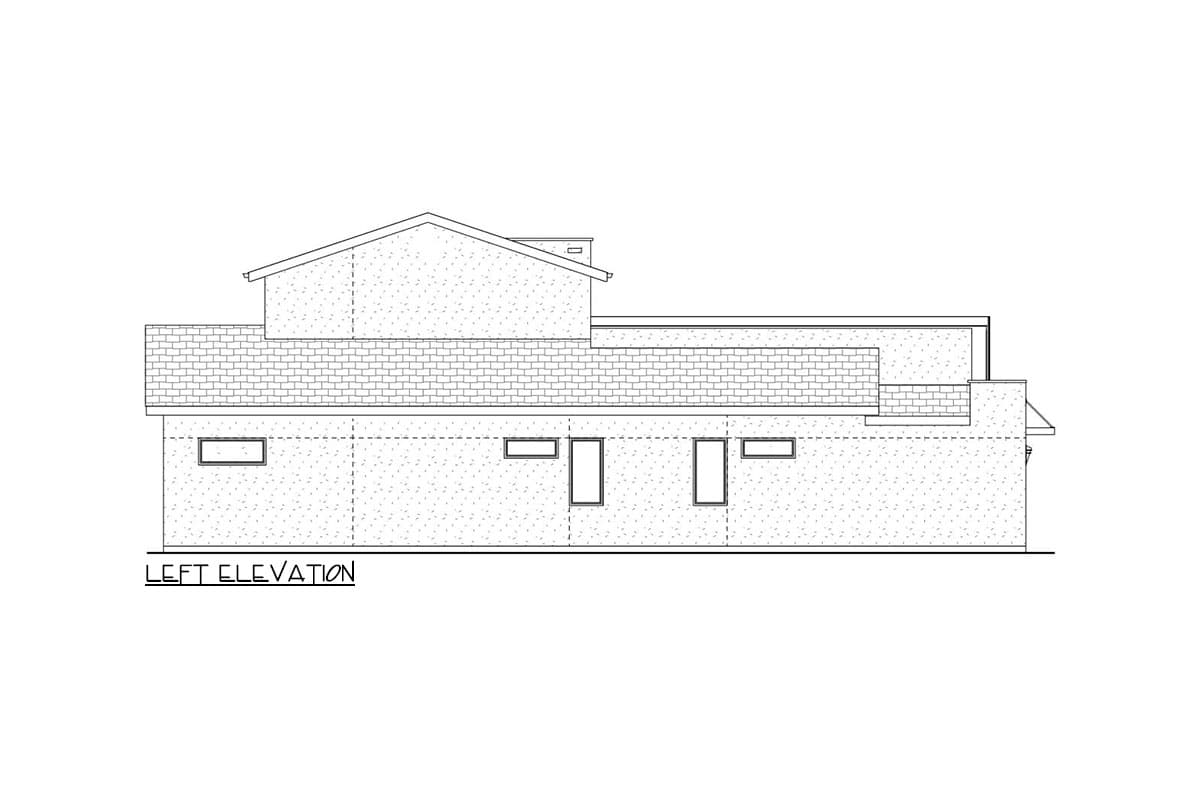 Left elevation drawing of a house plan with varied rooflines and rectangular window openings.