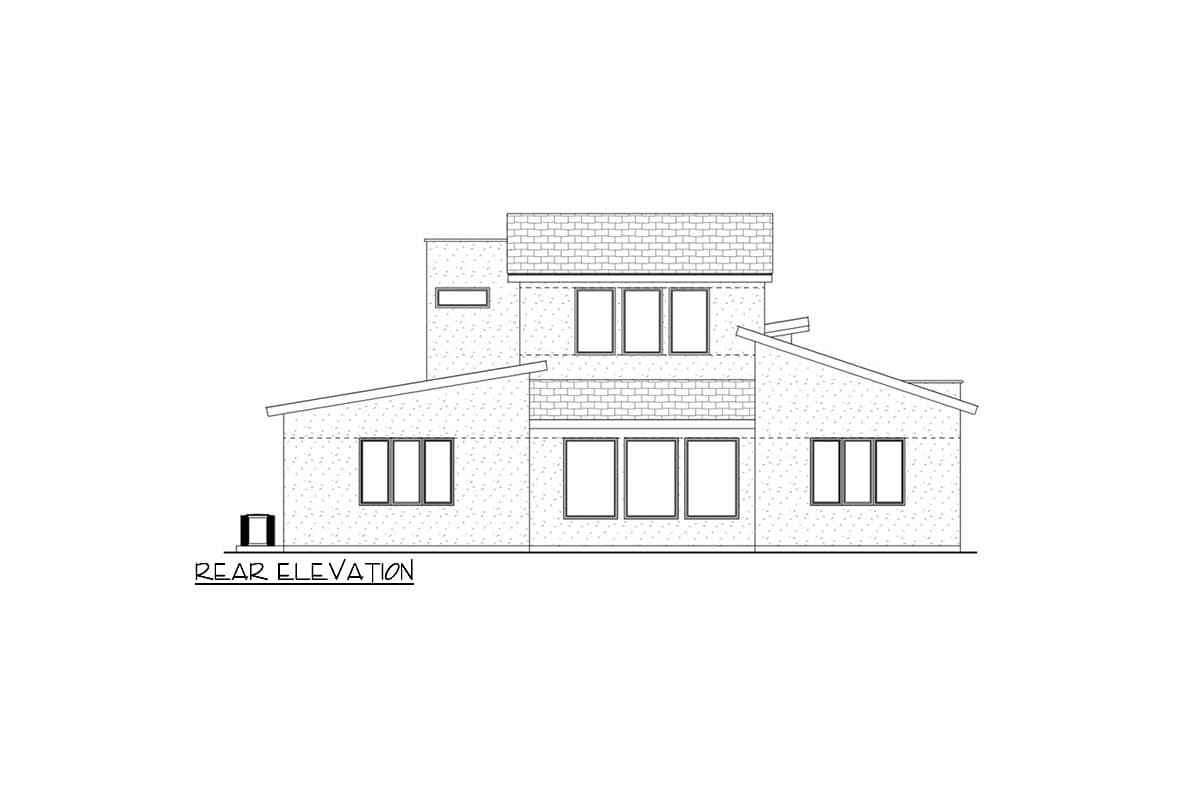 Rear elevation house plan with multiple gables, varied window configurations, and a multi-story central section.