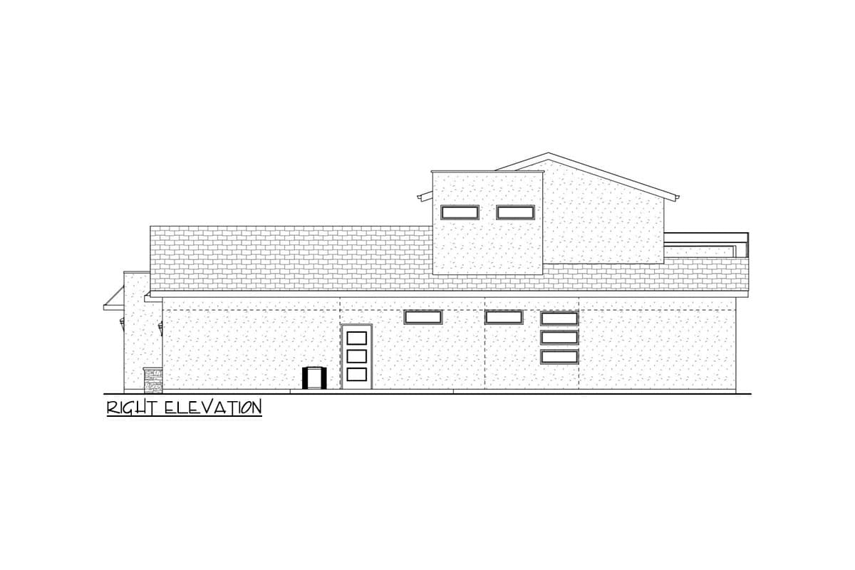House plan right elevation drawing showing a multi-level structure with brick accents, a pitched roof, and multiple windows.