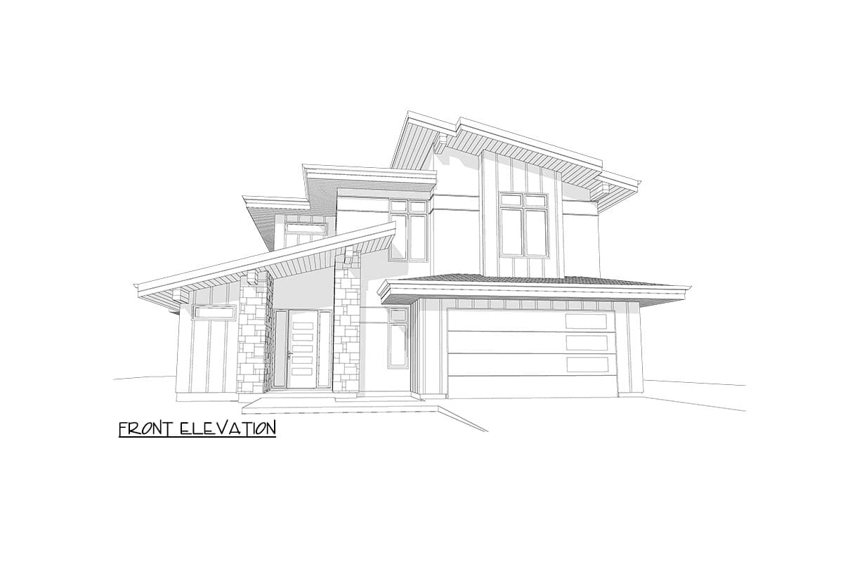 Front elevation of a two-story house plan with a modern asymmetrical roofline, stone accents, and a three-car garage.