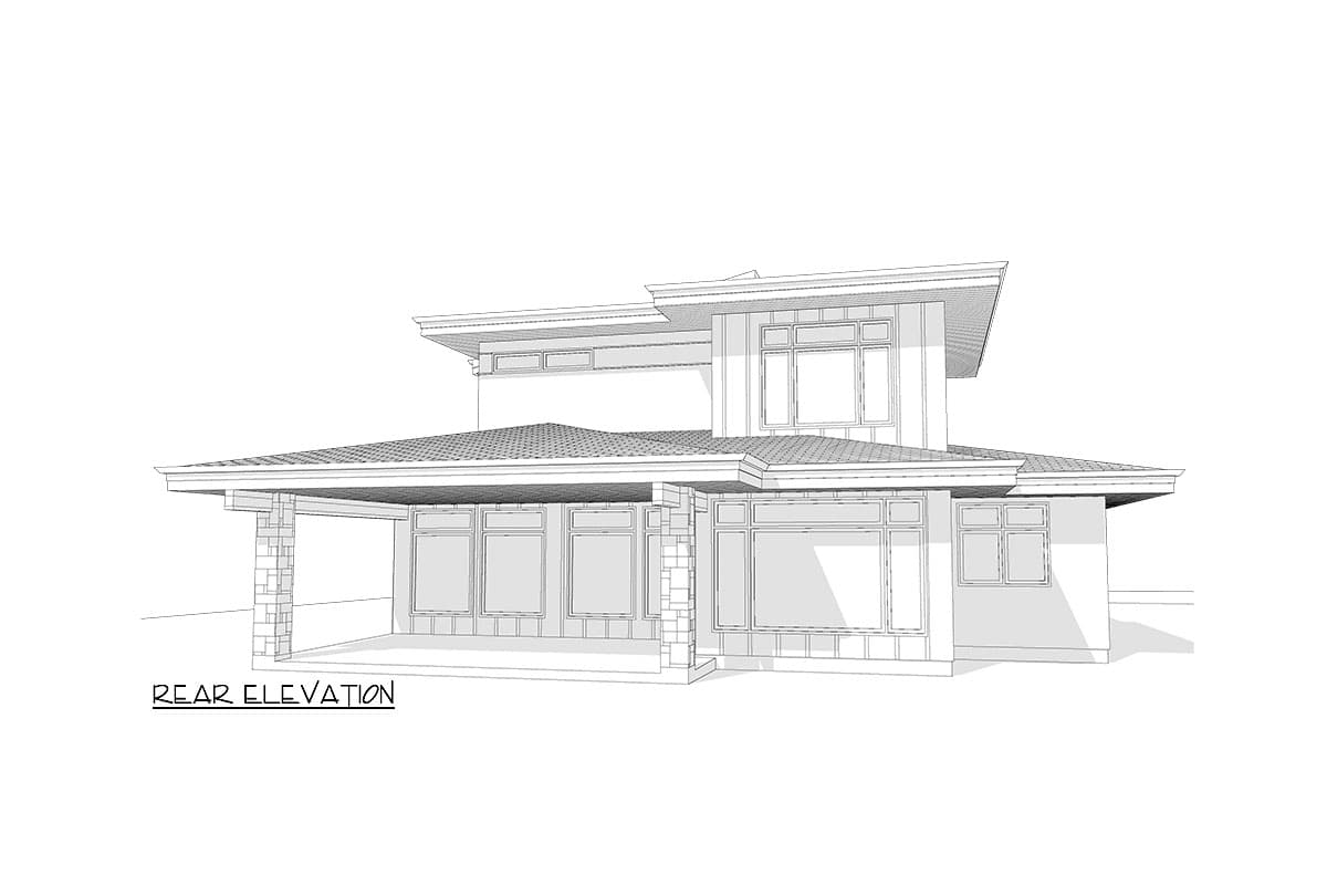 Rear elevation drawing of a two-story house with a covered patio, large windows, and multi-level rooflines.