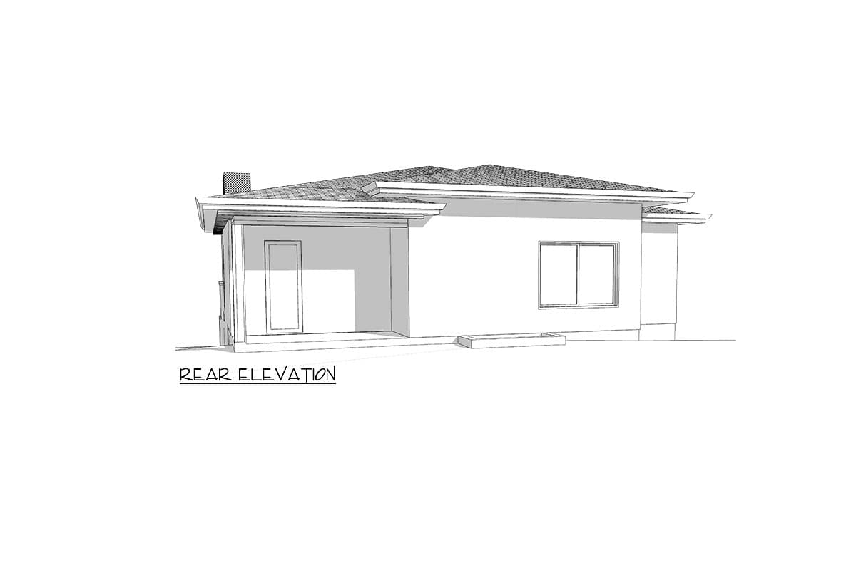 Rear elevation of a single-story house plan with a covered porch, chimney, and horizontal window.