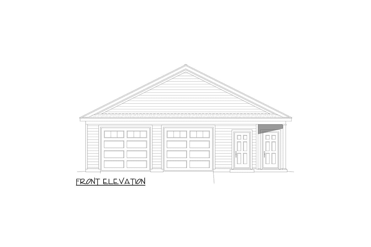 Front elevation drawing of a house plan showing a two-car garage, single-car garage, and two front doors.