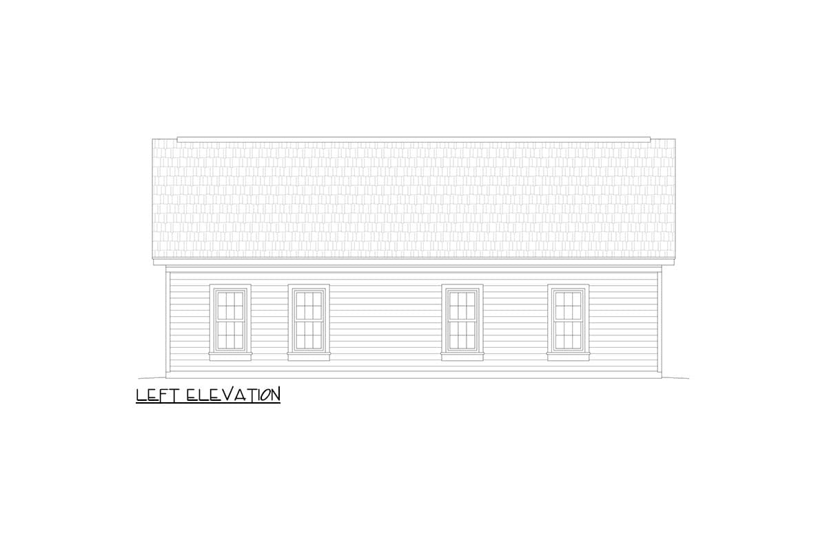 Left elevation house plan drawing showing horizontal siding, four multi-pane windows, and a shingled gable roof.