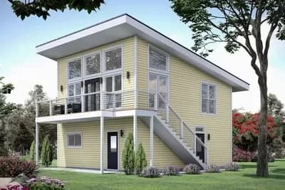 Modern Lake House Plan with Sloped Ceilings - 678 Sq Ft