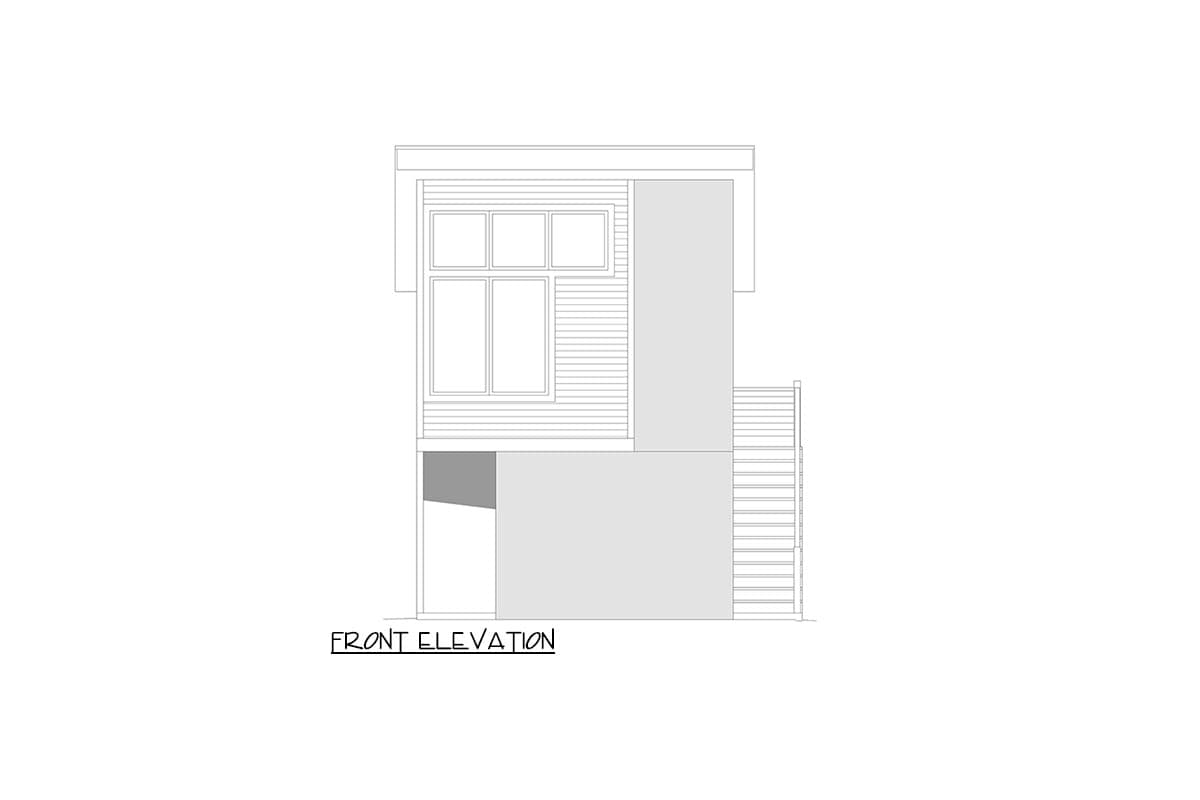 Front elevation drawing of a two-story house with horizontal siding, multiple windows, and an exterior staircase.