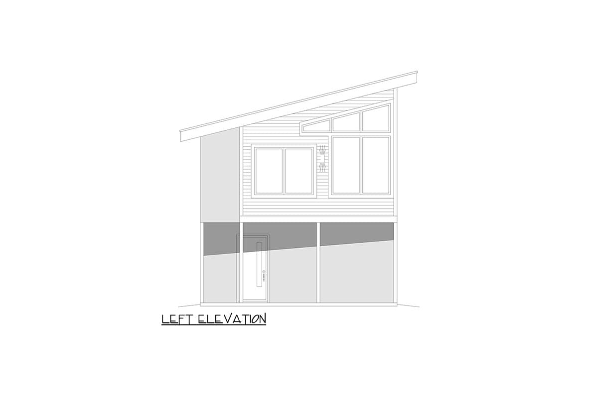 Left elevation of a two-story house plan with a shed roof, horizontal siding, and a covered front porch.