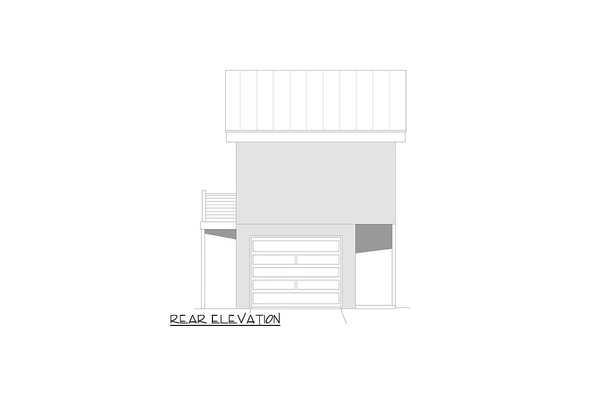 Rear elevation of house plan showing a garage door, deck, and metal roof.