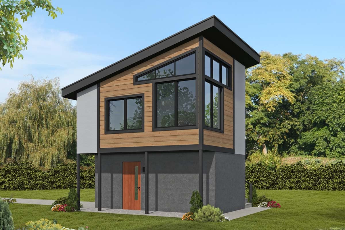 House plan exterior with modern style, two stories, shed roof, and large windows. Features wood siding and a minimalist entrance.