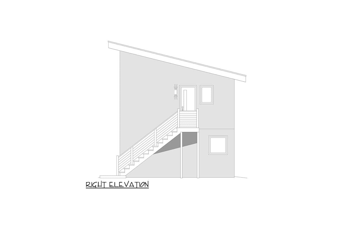 Right elevation of a house plan featuring a shed roof, exterior stairs, and a modern aesthetic.