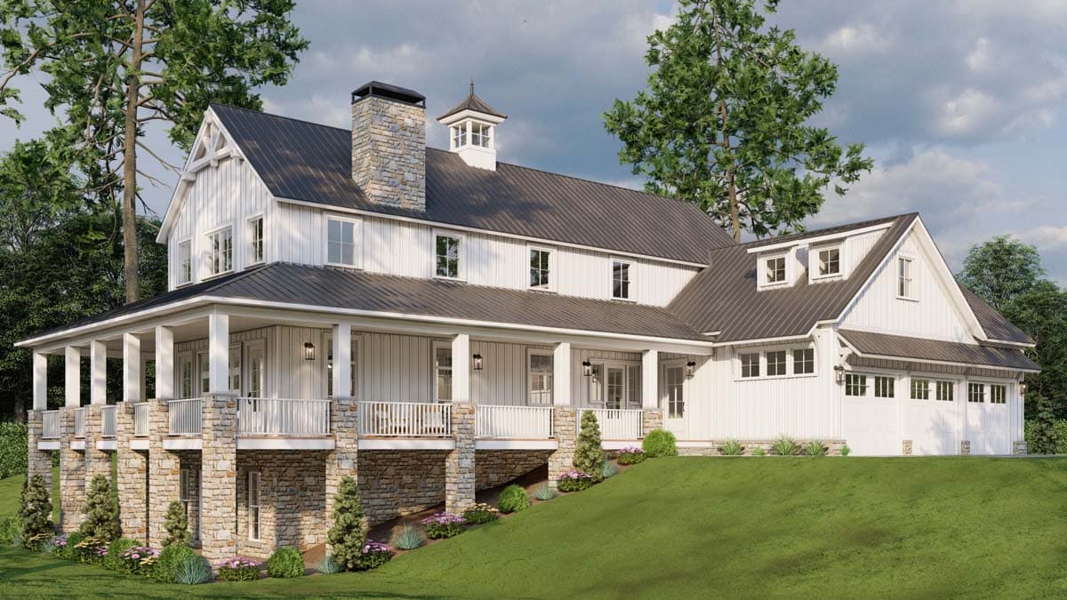Modern farmhouse house plan exterior with wrap-around porch, stone foundation, metal roof, dormers, and three-car garage.