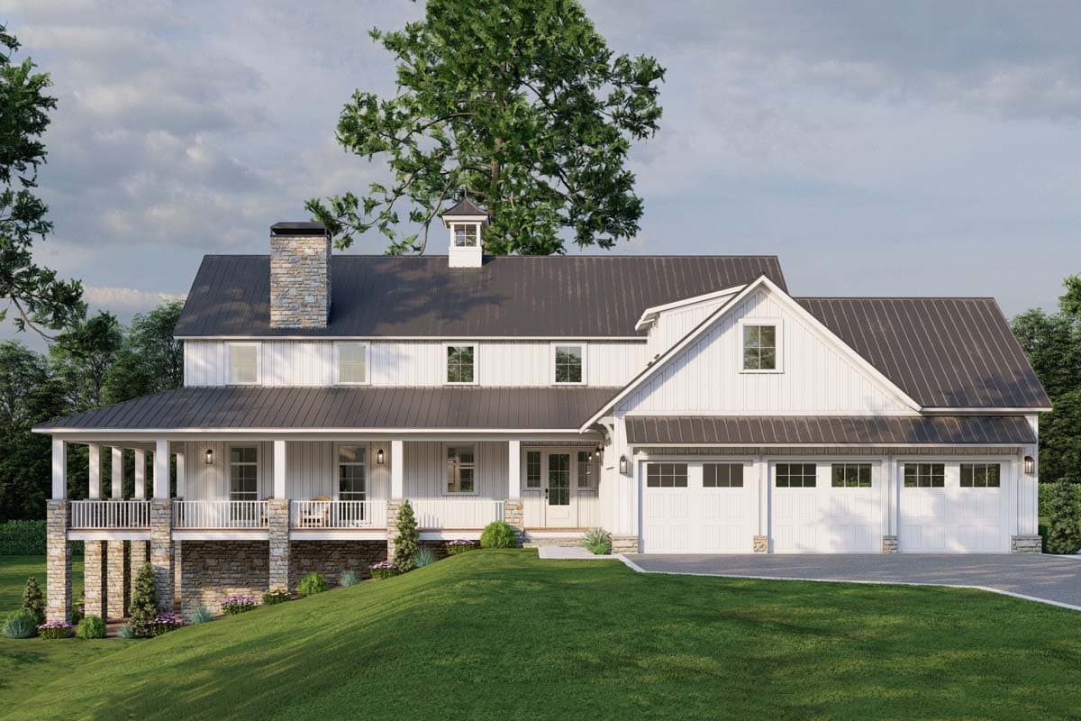 House plan exterior. Two-story Modern Farmhouse with a covered porch, stone chimney, gables, and a three-car garage.