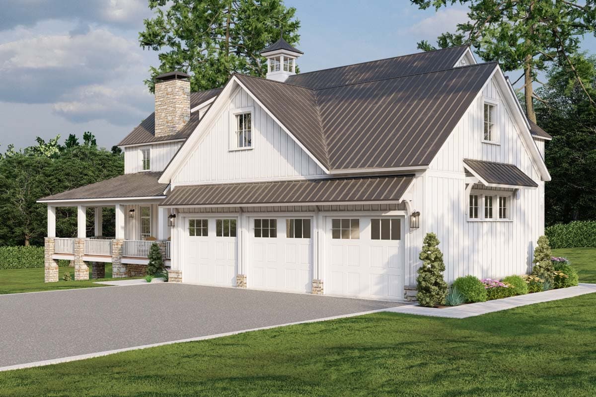 Modern Farmhouse house plan exterior with white board and batten siding, a metal roof, a three-car garage, and a covered porch.