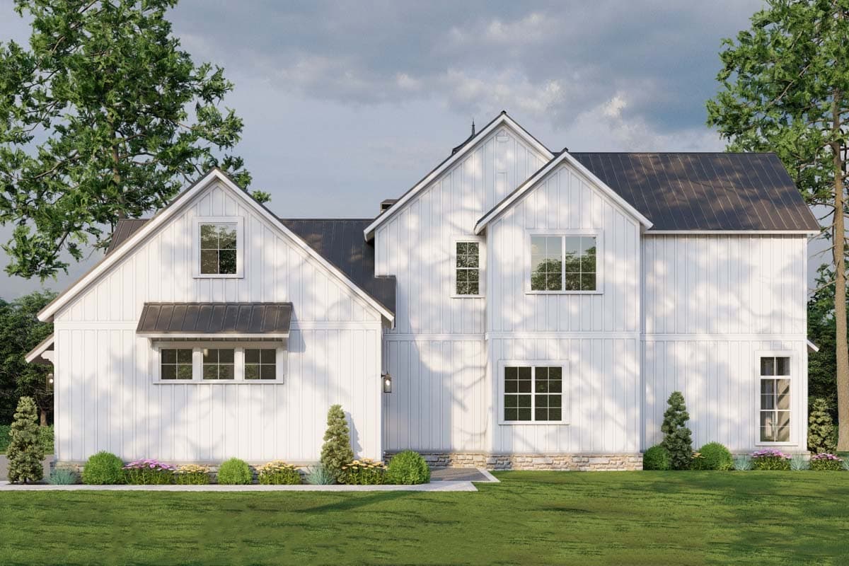 House plan exterior: Modern Farmhouse style, two stories, board and batten siding, gables, and metal roof.