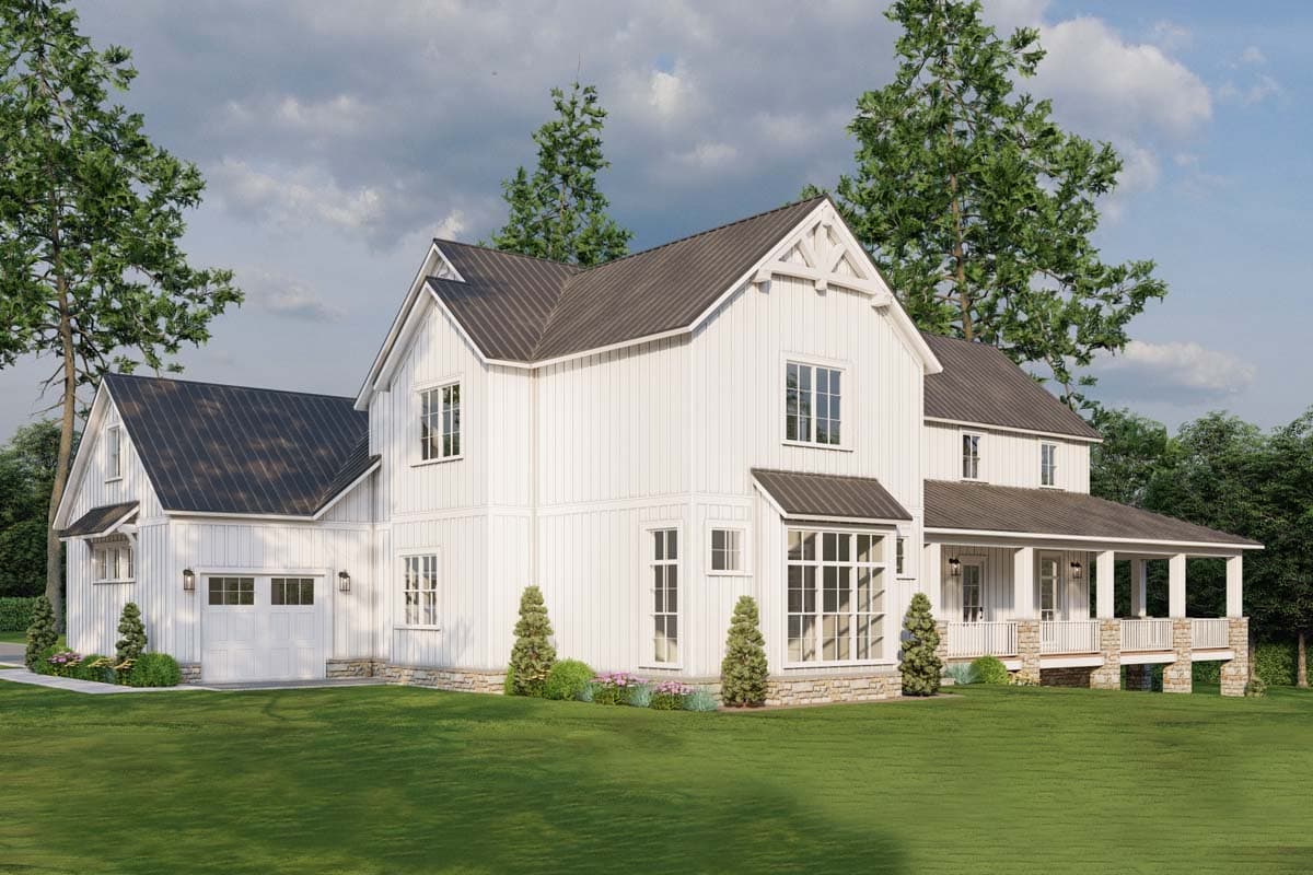 Modern Farmhouse house plan exterior with gables, a covered porch, and an attached garage.