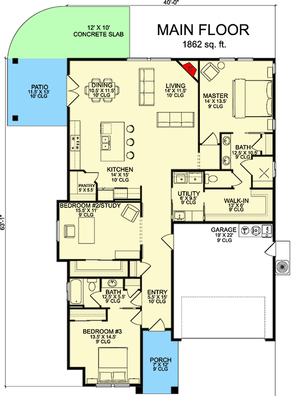 Plan 580064DFT: 3 Bed 2 Bath House Plan with 2-Car Garage - 1862 Sq Ft - Floor Plan - Main Level - Cottage, Craftsman, New American