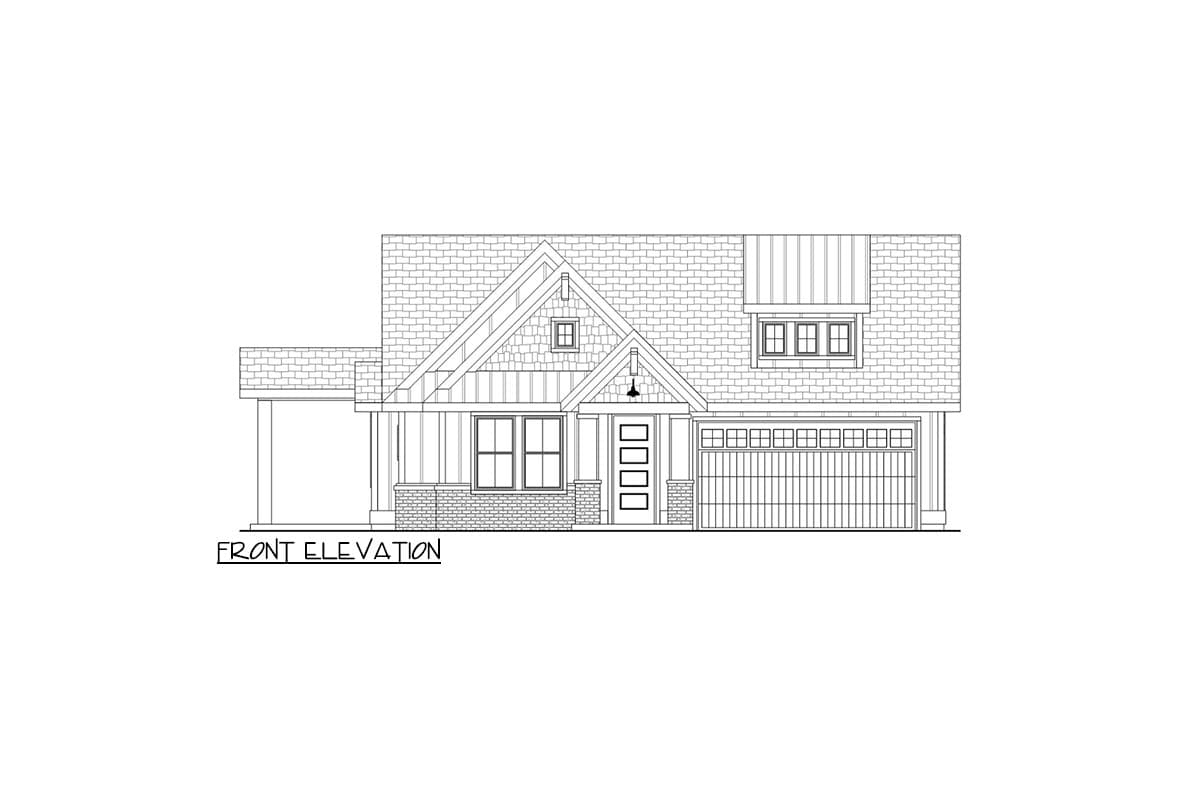 Front elevation drawing of a one-story house plan with a gabled roof, covered porch, and attached garage.
