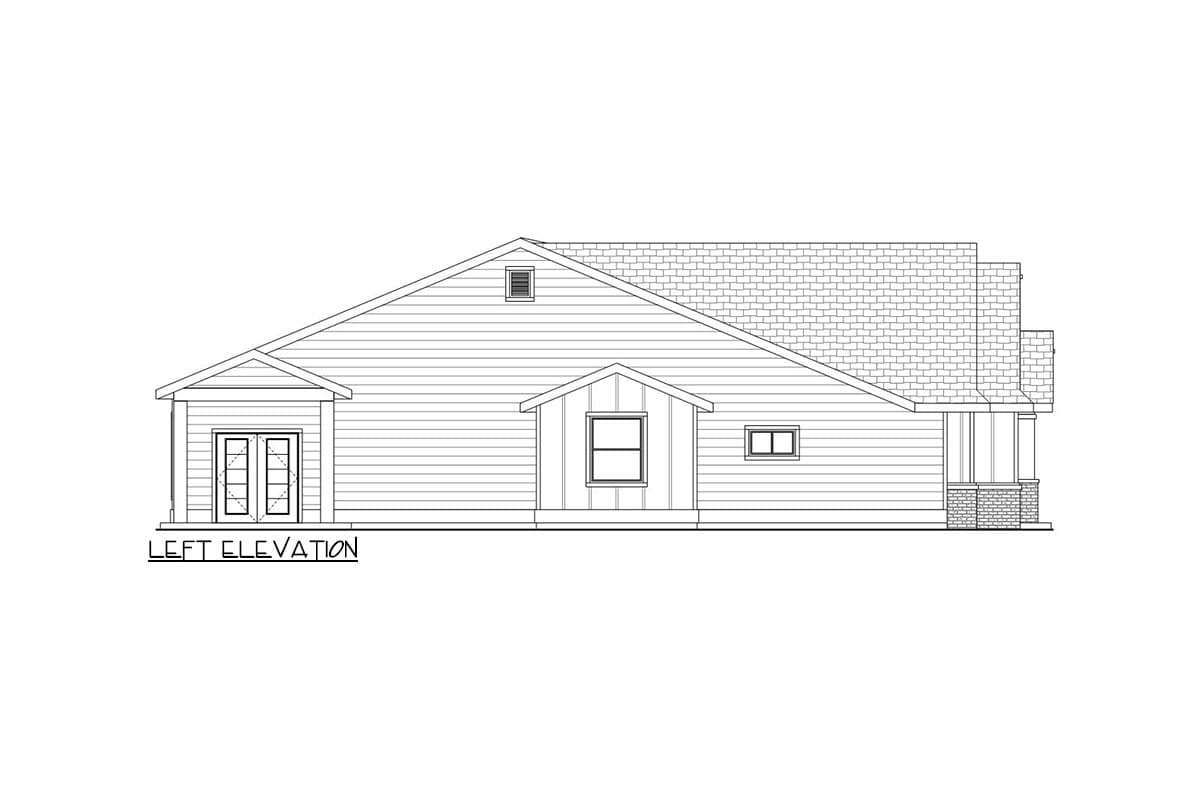 Left elevation drawing of a house plan with double doors, gabled dormer, and brick-clad porch columns.