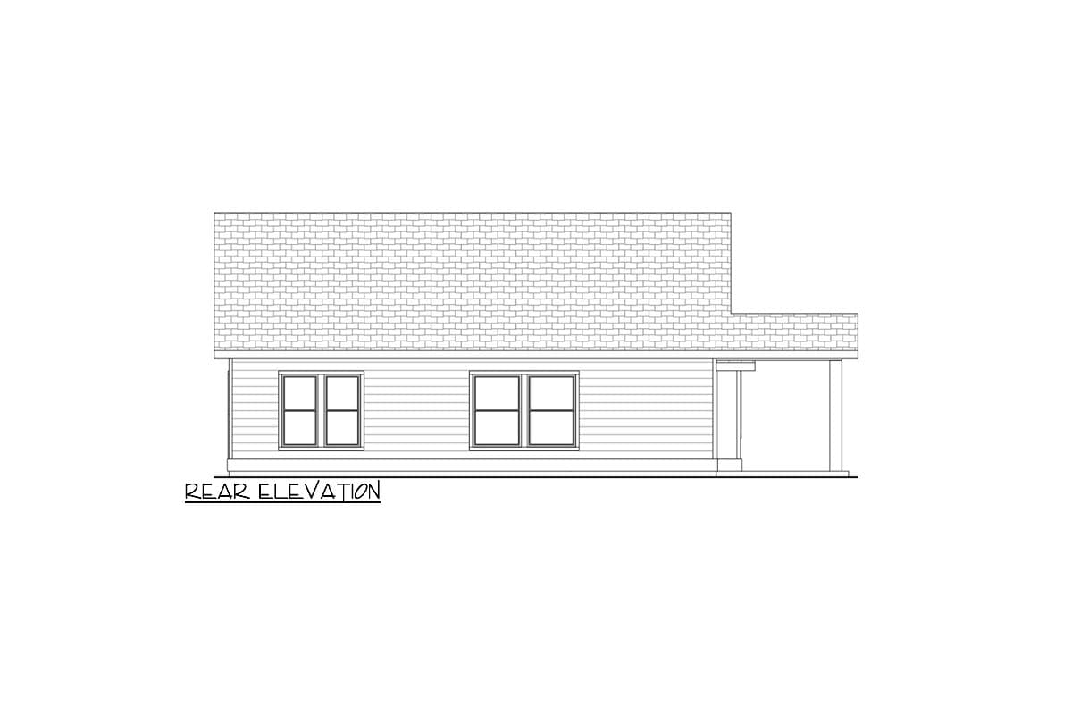 Rear elevation drawing of a house plan with two windows and a covered porch.