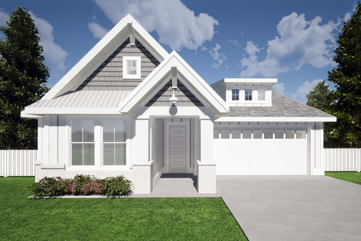House plan exterior. One-story Modern Farmhouse with gabled roof, dormer, and attached garage. Includes a porch with supporting columns.