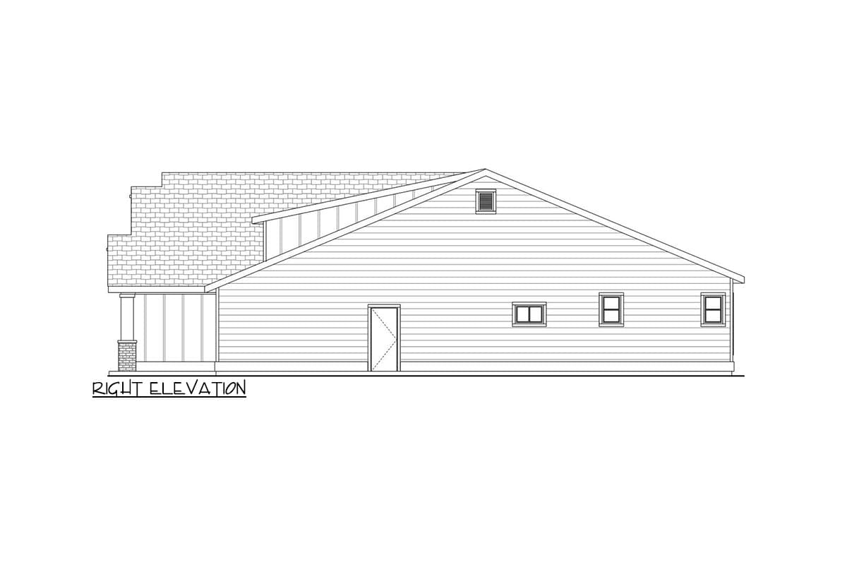 Right elevation drawing of a house plan with pitched roof, gabled dormer, porch, and three windows.