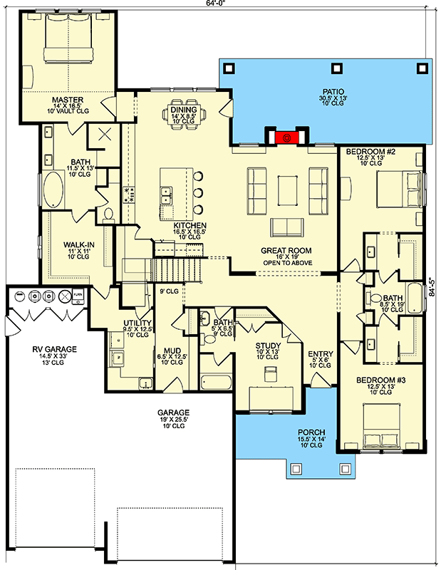 Plan 580065DFT: New American House Plan with 3 Beds Plus Flex Room and an RV Garage - 3621 Sq Ft - Floor Plan - Main Level - Craftsman, New American