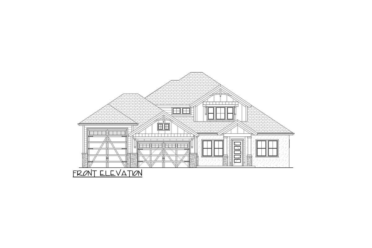 Front elevation drawing of a two-story house plan with a prominent gable, dormers, and a three-car garage.