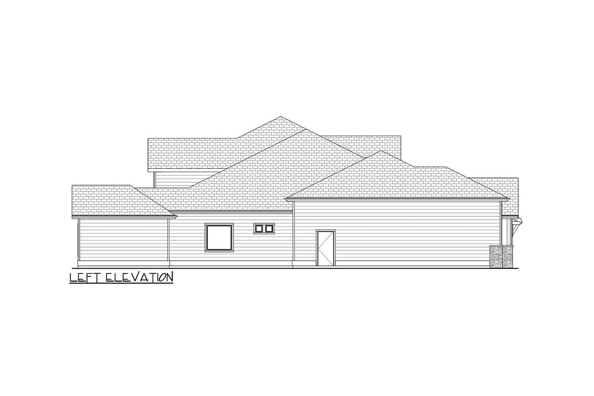 Left elevation drawing of a single-story house with horizontal siding, multiple gabled rooflines, and a stone-clad porch column.