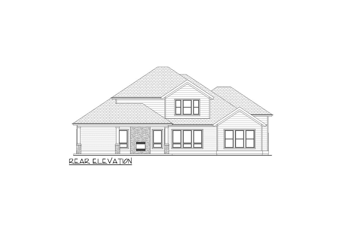 Rear elevation drawing of a house plan with multiple gables, siding, stone accents, and varied window groupings.