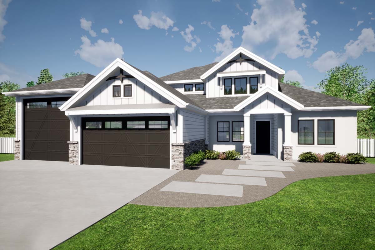 House plan exterior featuring a two-story Modern Farmhouse design with gables, a covered porch, and a side-entry garage.