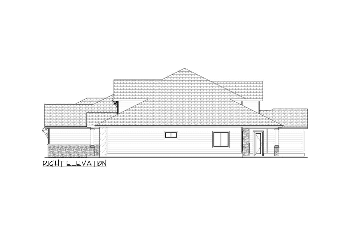 Right elevation house plan drawing showing multiple rooflines, horizontal siding, stone accents, and a covered entry with columns.