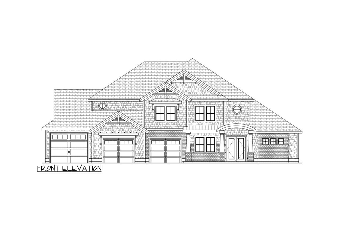 Front elevation drawing of a two-story house plan featuring multiple gables, a mix of shingle and brick siding, and an attached four-car garage.