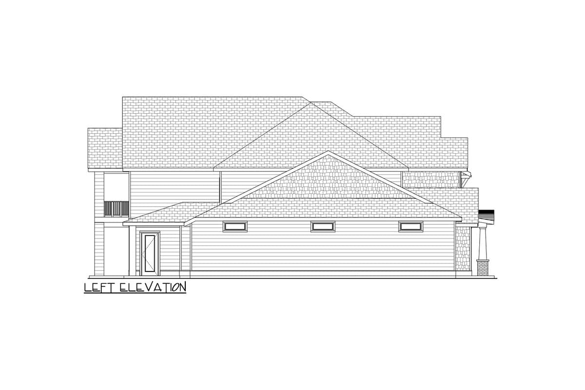 Left elevation drawing of a house plan featuring multiple gables, horizontal siding, and a covered entrance with columns.