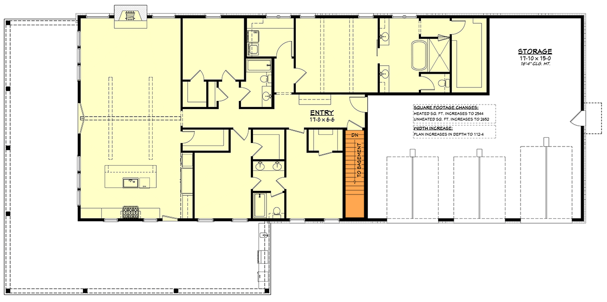 Plan 51951HZ: 4-Bed Modern Farmhouse Barndo-Style House Plan with Workshop Garage - 2500 Square Feet - Floor Plan - Basement Stairs Location - Barndominium, Country, Modern Farmhouse, New American, Traditional