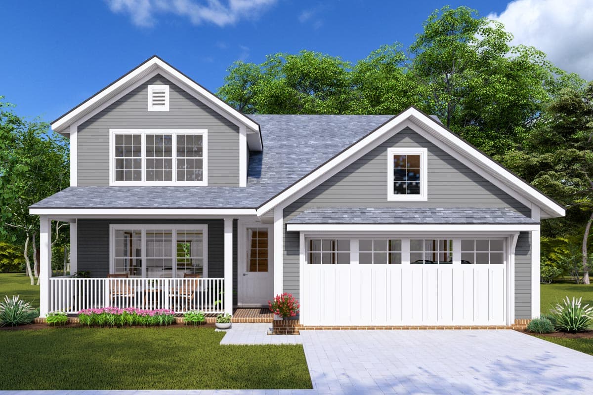 House plan exterior with two stories. Features include a front porch, gables, and a garage with a front-facing orientation.
